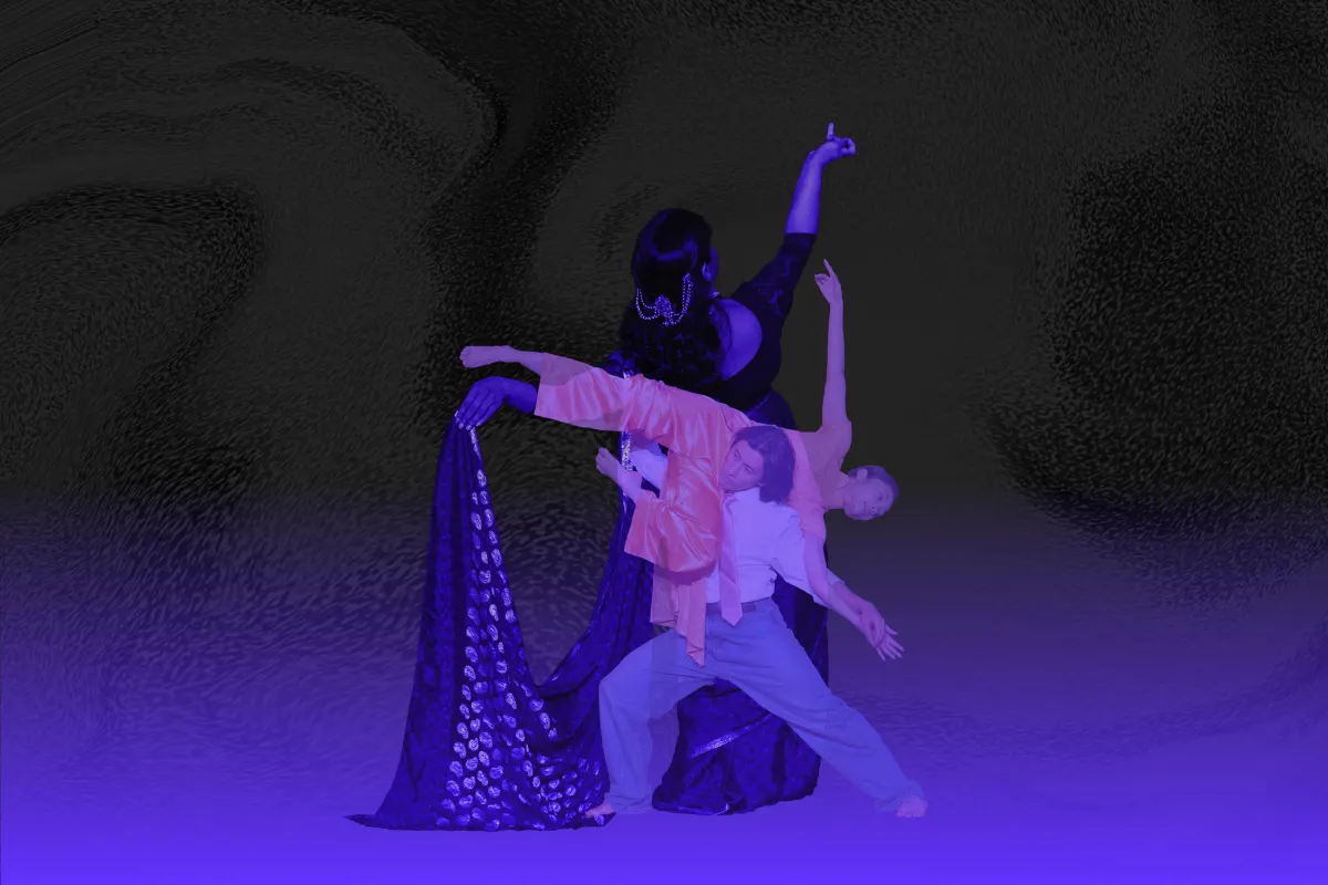 Composite photo of three dancers performing in deep purple light, featuring a traditional pose and dynamic lift.